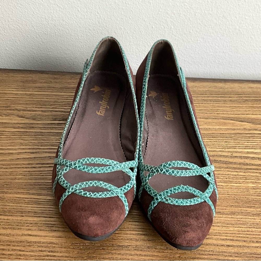 Faryl Robbin Brown Suede and Turquoise Leather Wedges - Picture 3 of 8